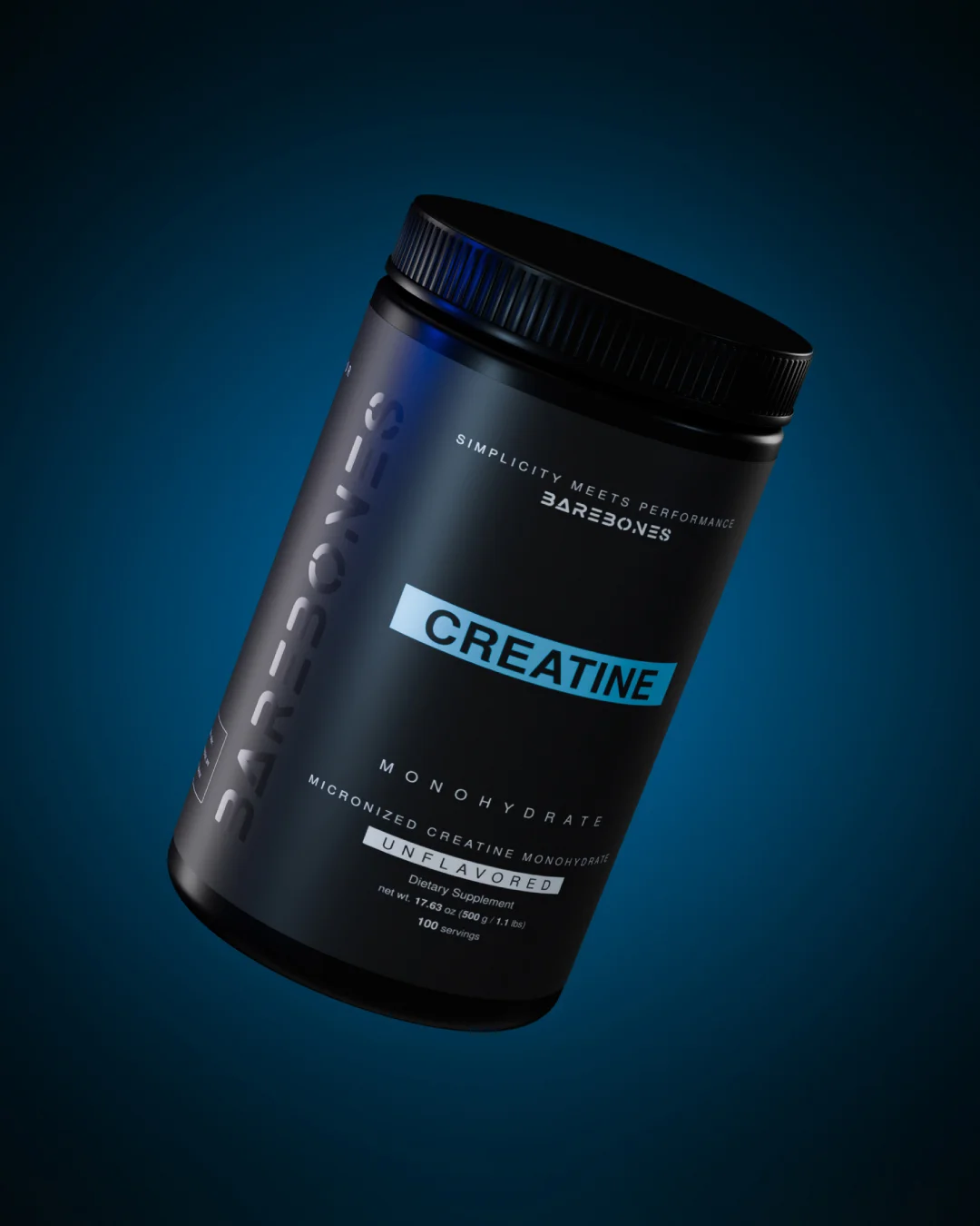 BareBones — pote de creatina en negro mate, render sobre fondo azul.