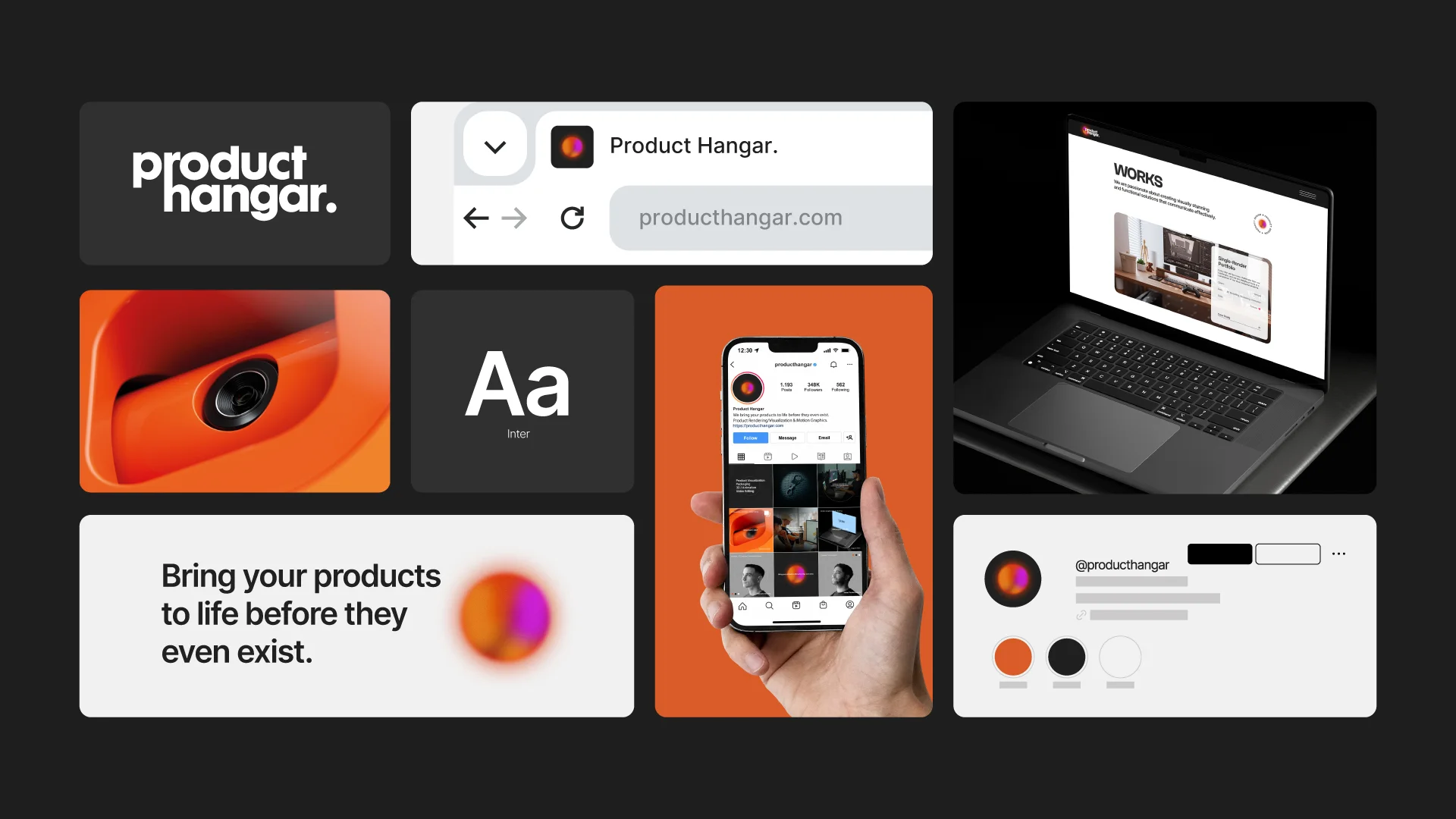 Sistema de identidad de Product Hangar: logotipo, sitio, feed y paleta.