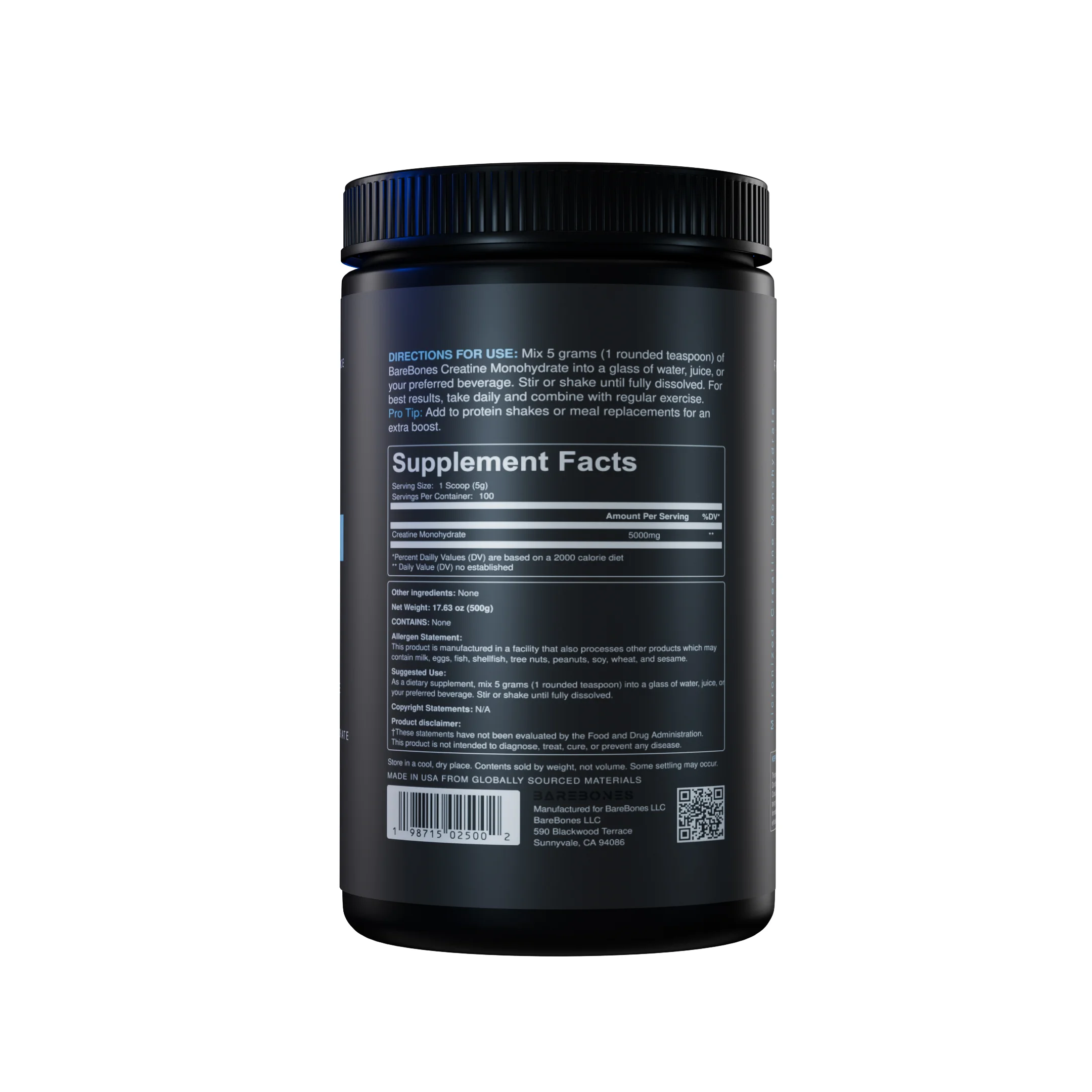 Render del pote de creatina: un lateral, con la tabla nutricional.