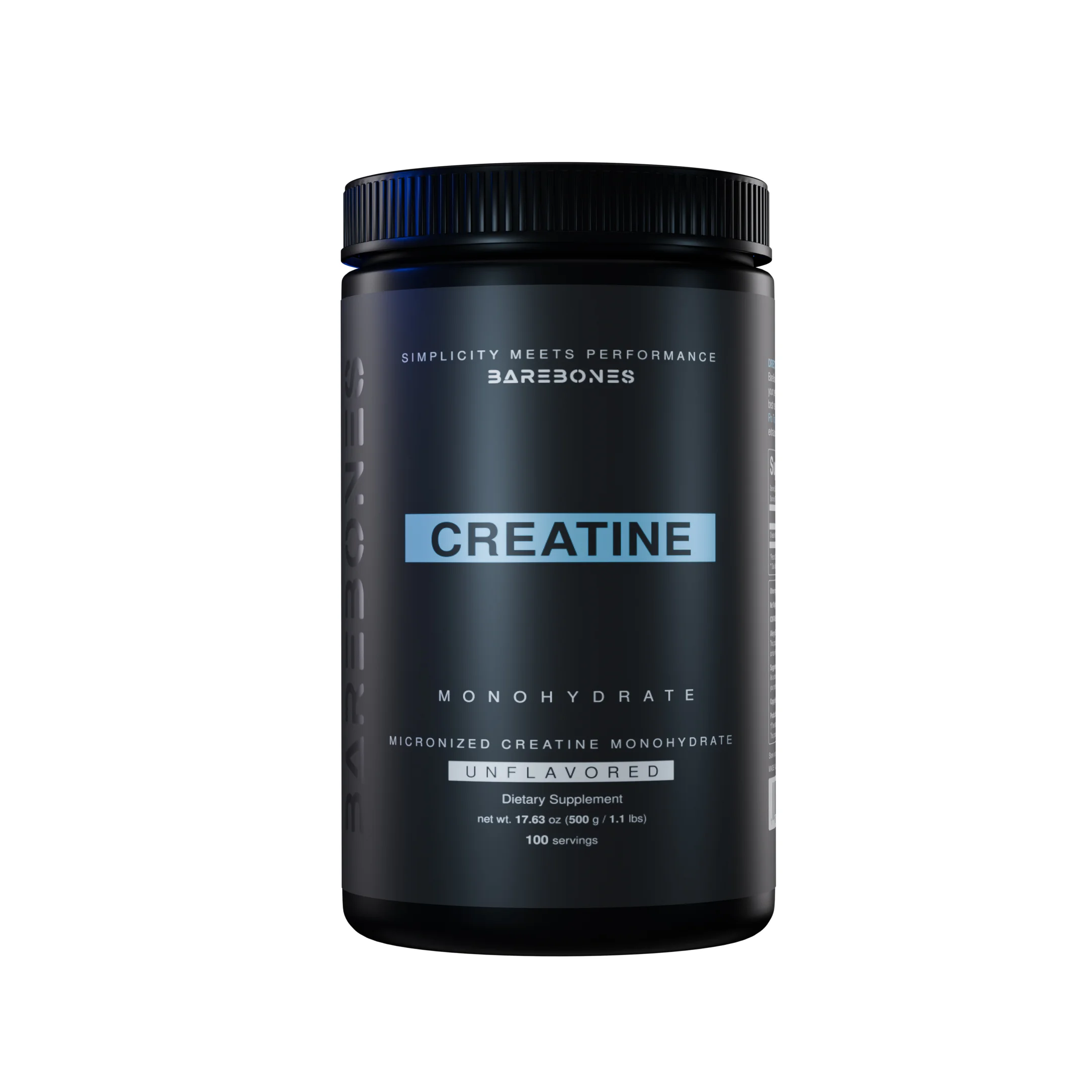 Render del pote de creatina: el frente, con la etiqueta «Creatine monohydrate».