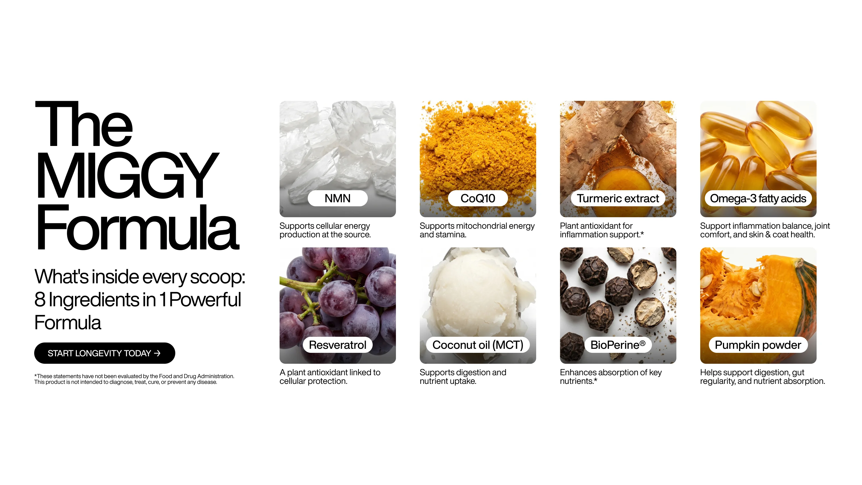 Banner «The MIGGY Formula» con los ocho ingredientes de la fórmula, cada uno en su foto.