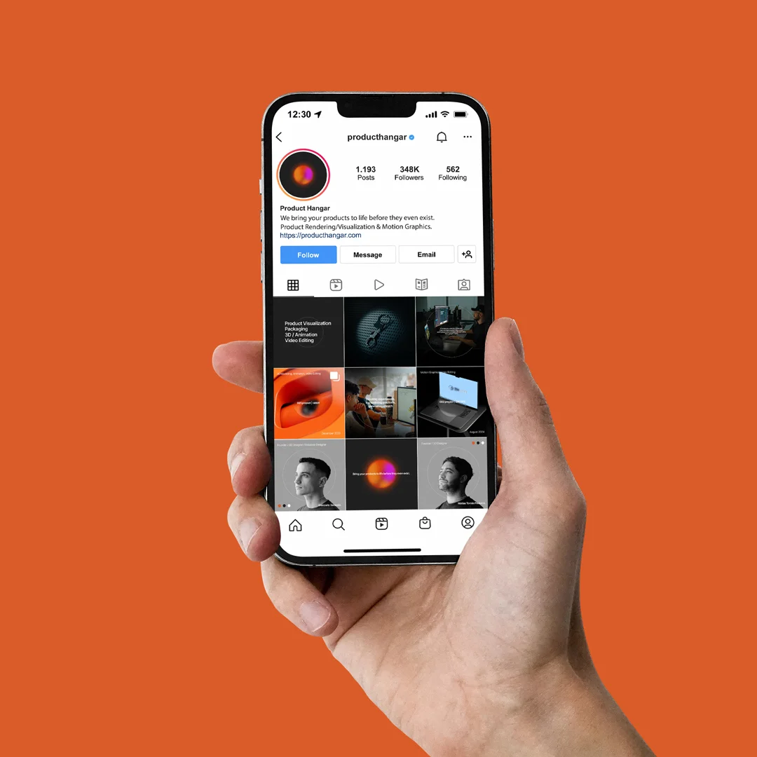 Perfil de Instagram de Product Hangar en un teléfono.