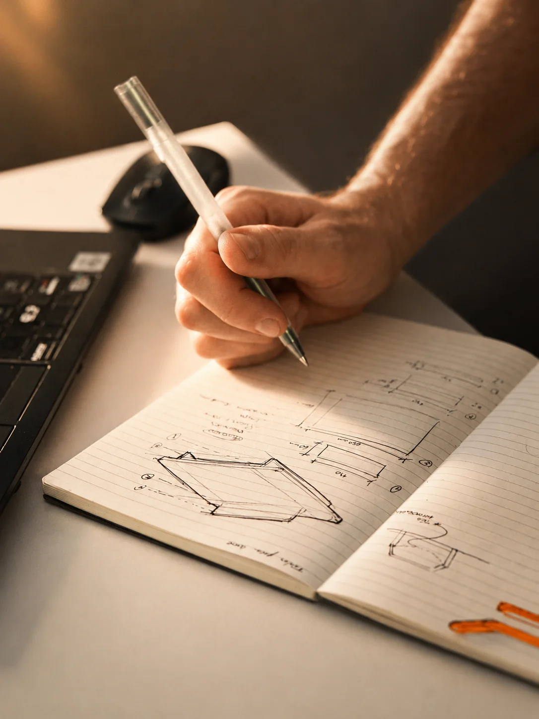 Una mano dibuja bocetos de un mueble en un cuaderno, junto a un teclado.