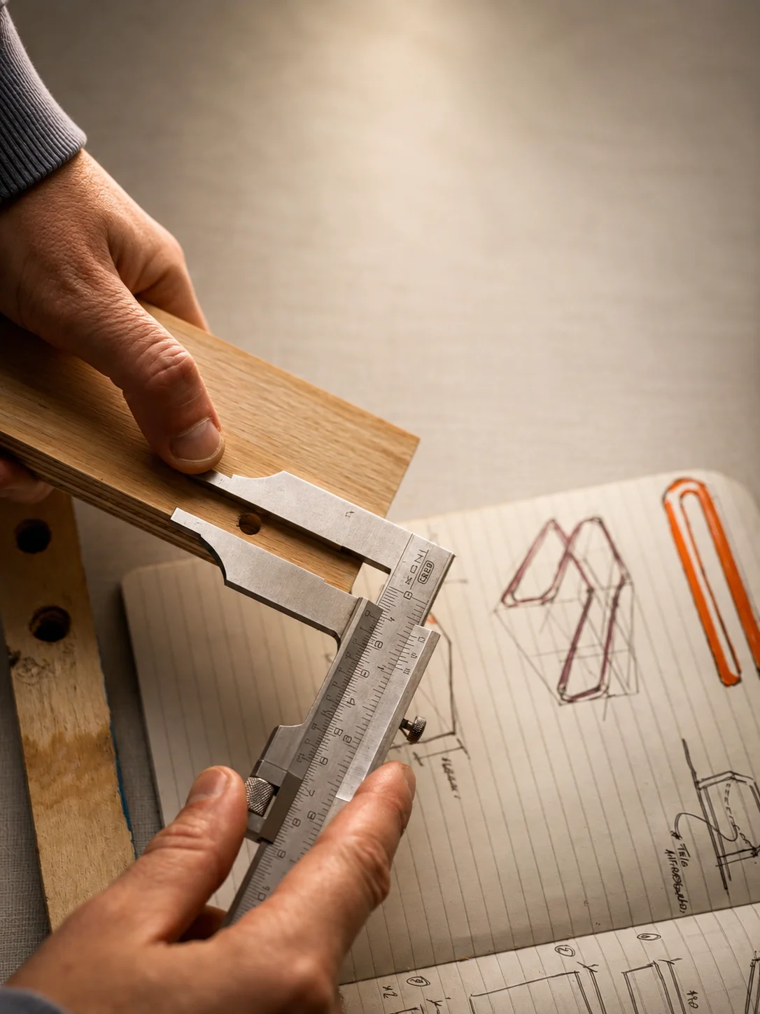 Manos que miden una pieza de madera con un calibre, sobre un cuaderno de bocetos.