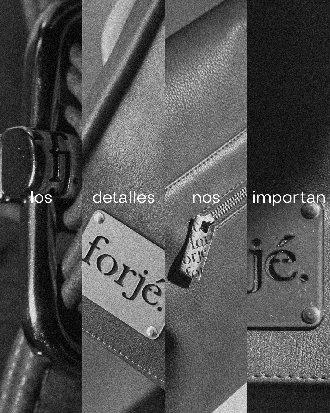 Cuatro franjas de detalles en blanco y negro —hebilla, placa, cierre— con la frase «los detalles nos importan».