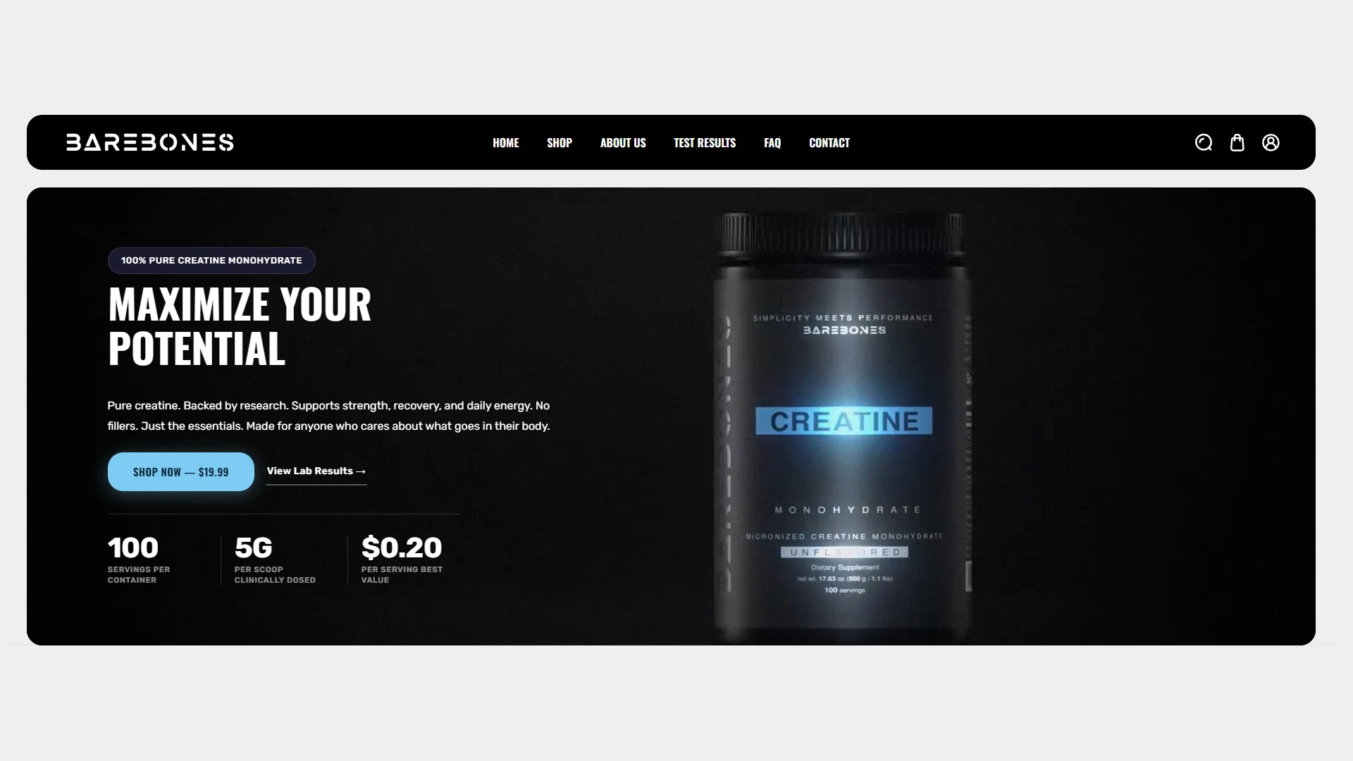 Portada del sitio de BareBones: el titular «Maximize your potential» junto al pote de creatina en negro.