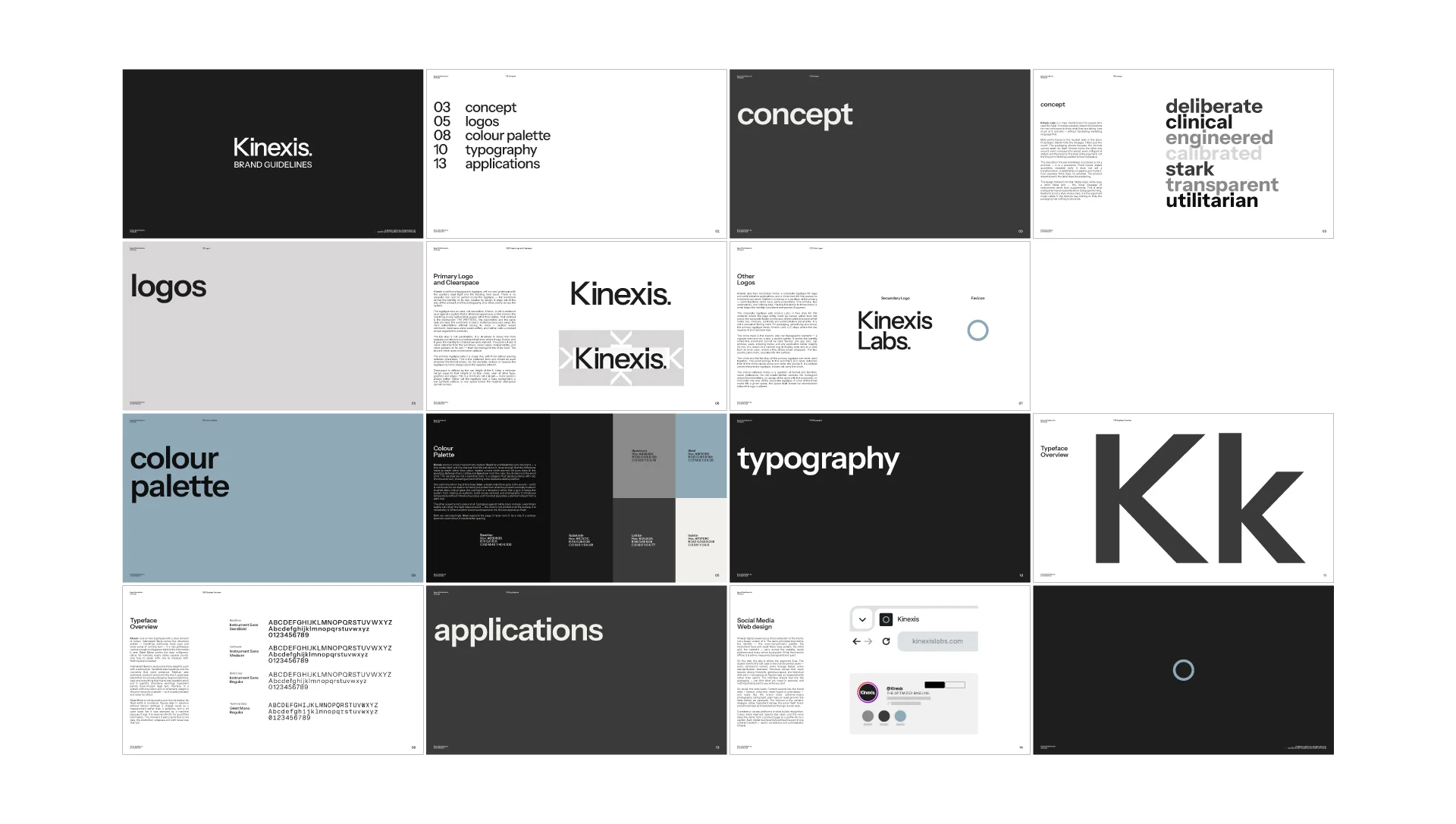 Páginas del manual de marca de Kinexis: concepto, logos, paleta de color, tipografía y aplicaciones.