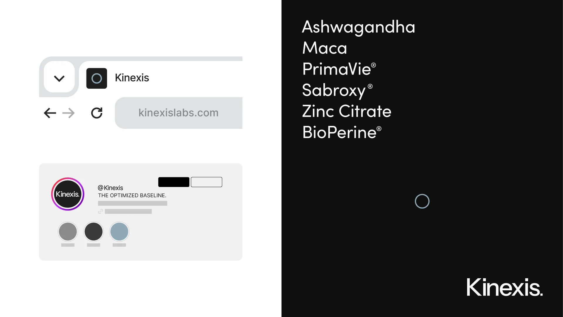 Aplicaciones digitales de Kinexis: un panel negro con la lista de ingredientes y el logotipo.