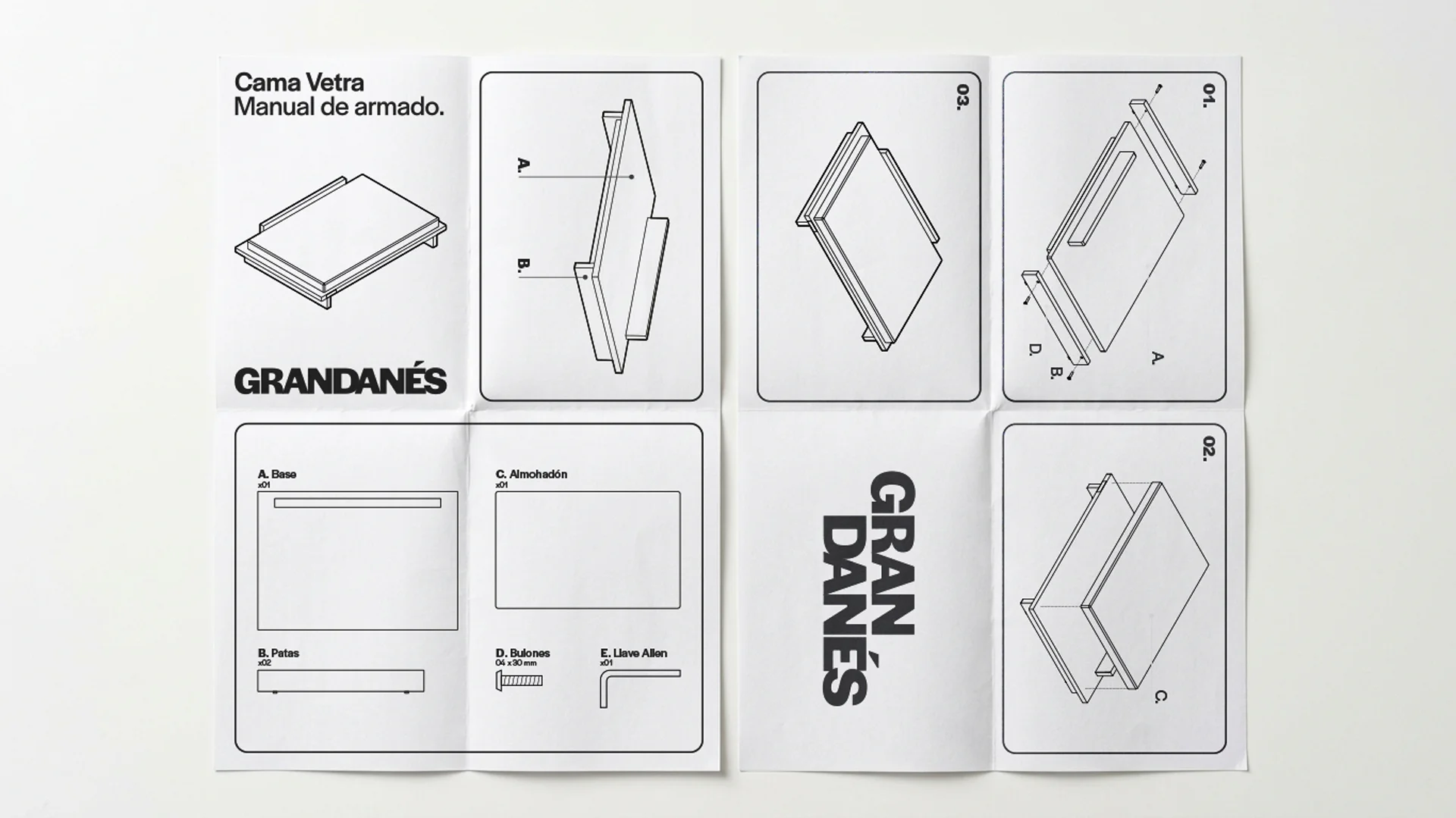 El manual de armado de la cama Vetra, desplegado: los pasos dibujados en línea y el logotipo en vertical.