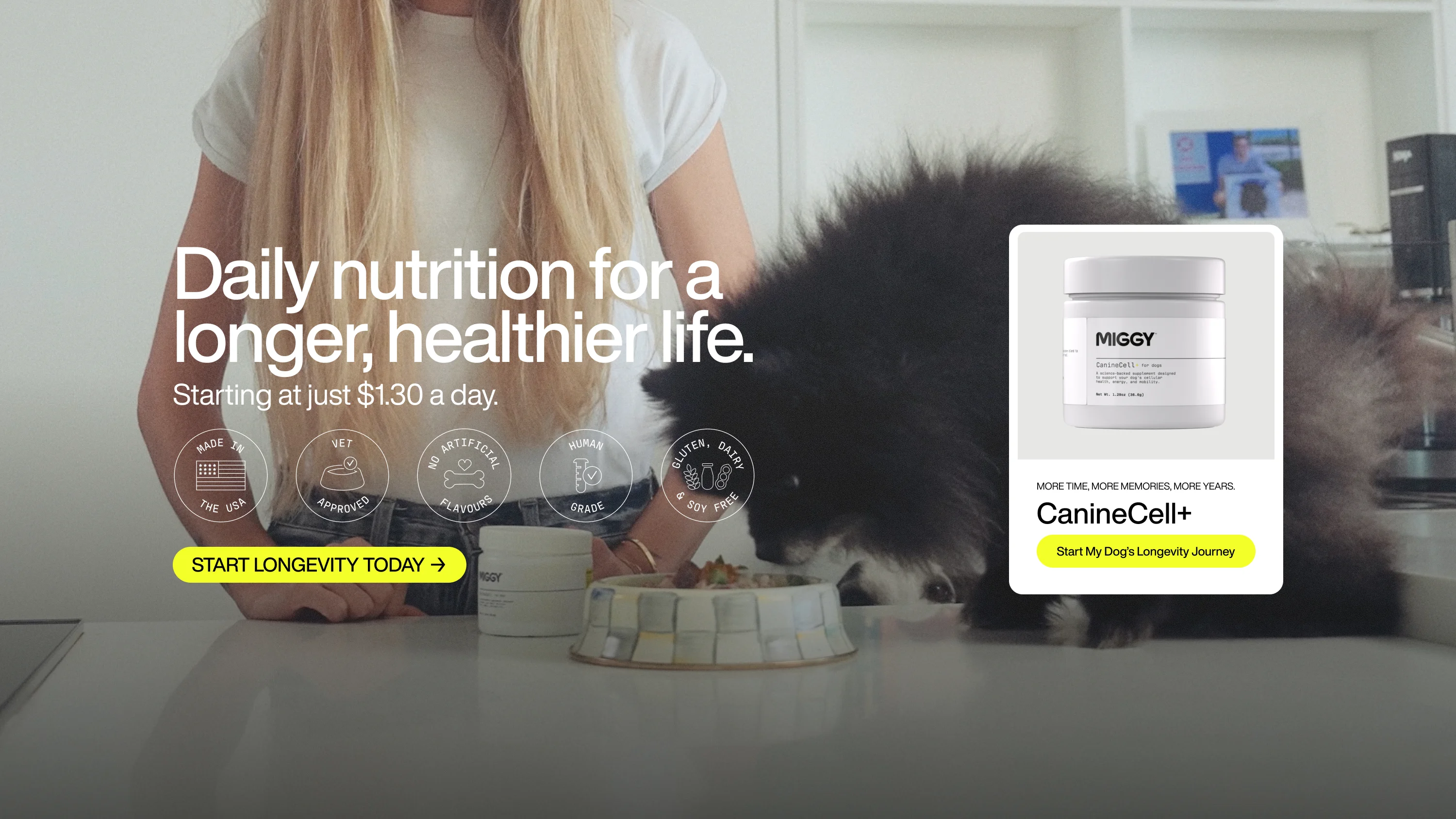 Portada del sitio de MIGGY: un perro come de su bowl junto al envase de CanineCell+, bajo el titular «Daily nutrition for a longer, healthier life».