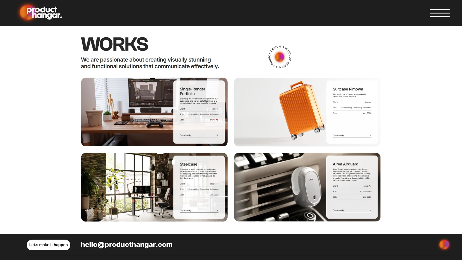 Sitio de Product Hangar — sección Works con la grilla de casos.